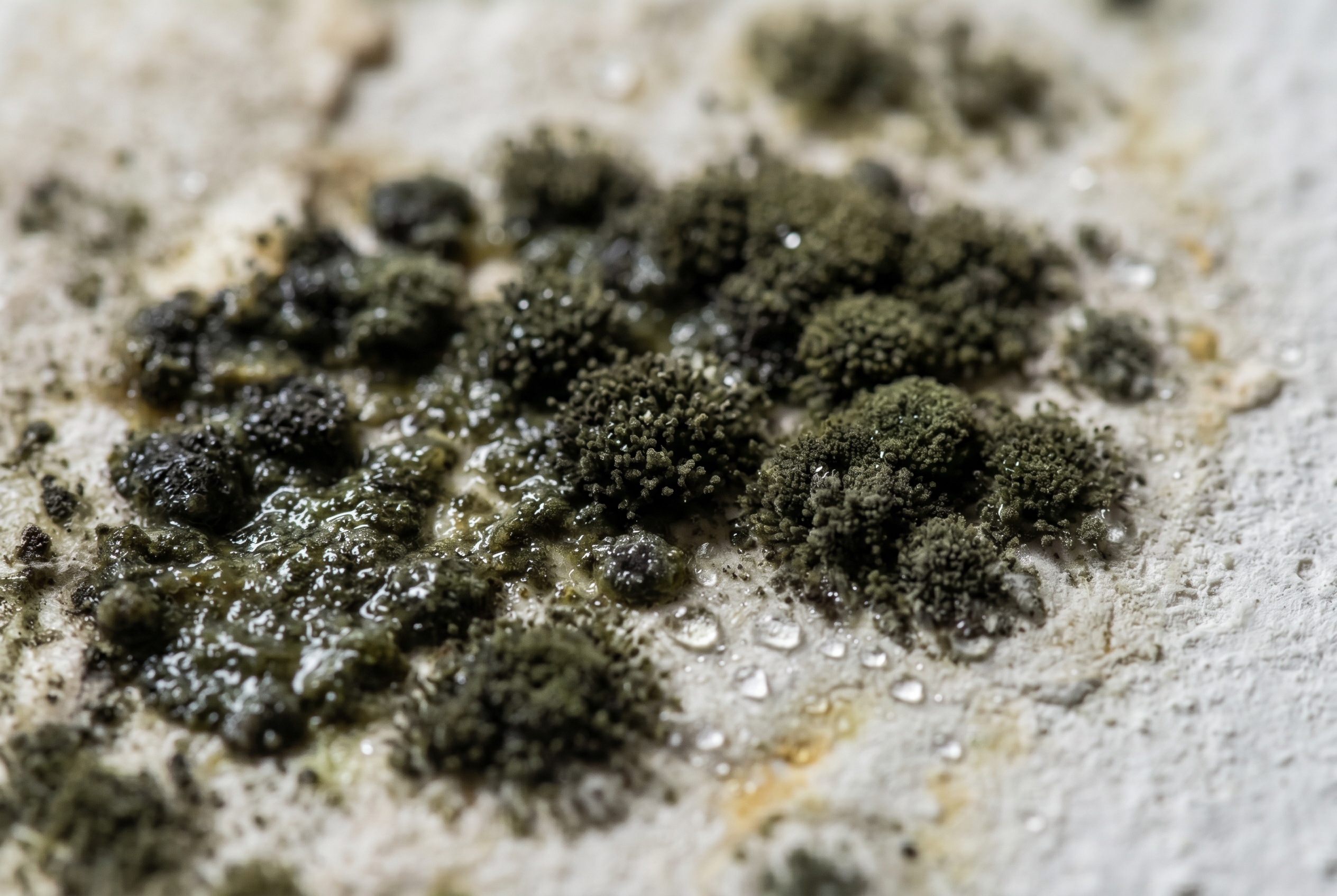 Close‑up of black mold (Stachybotrys) on a damp wall surface
