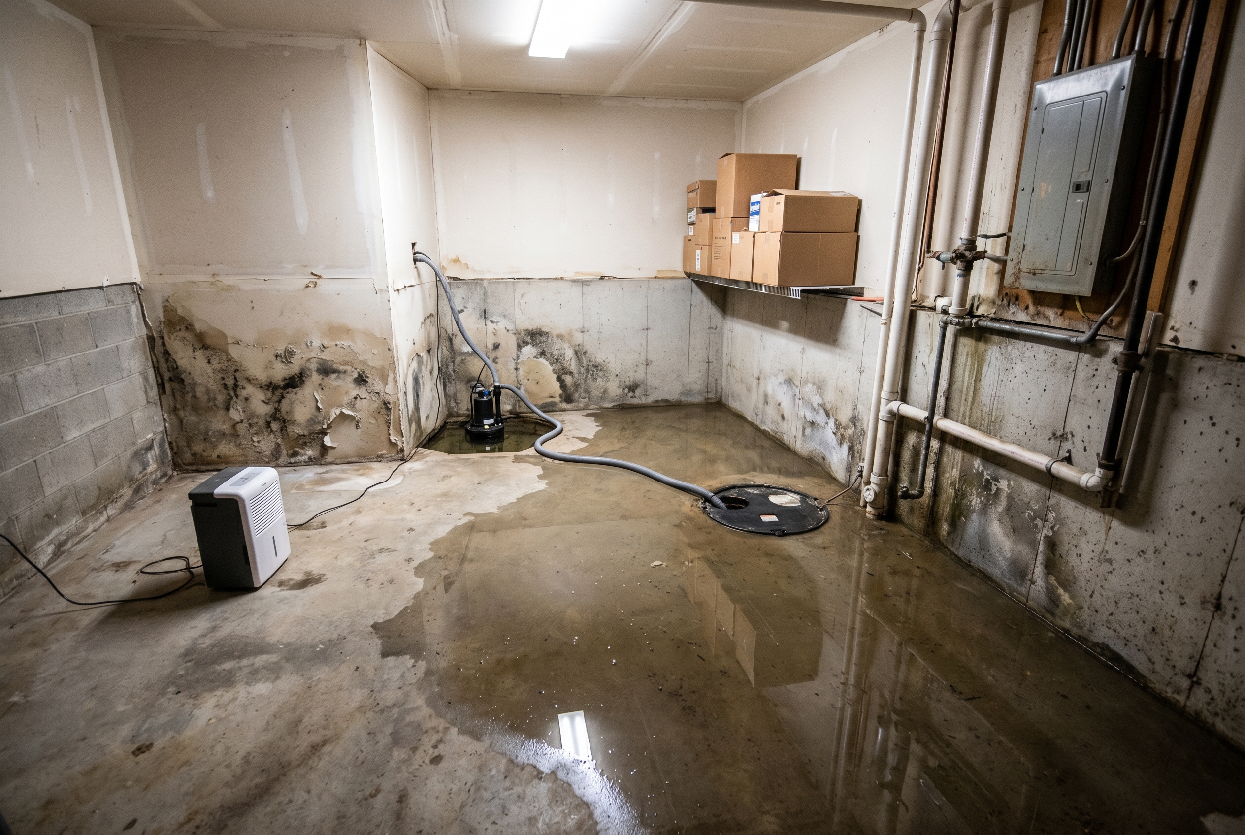 Wide view of a water-damaged basement with standing water, moisture damage on drywall, and a sump pump in operation.