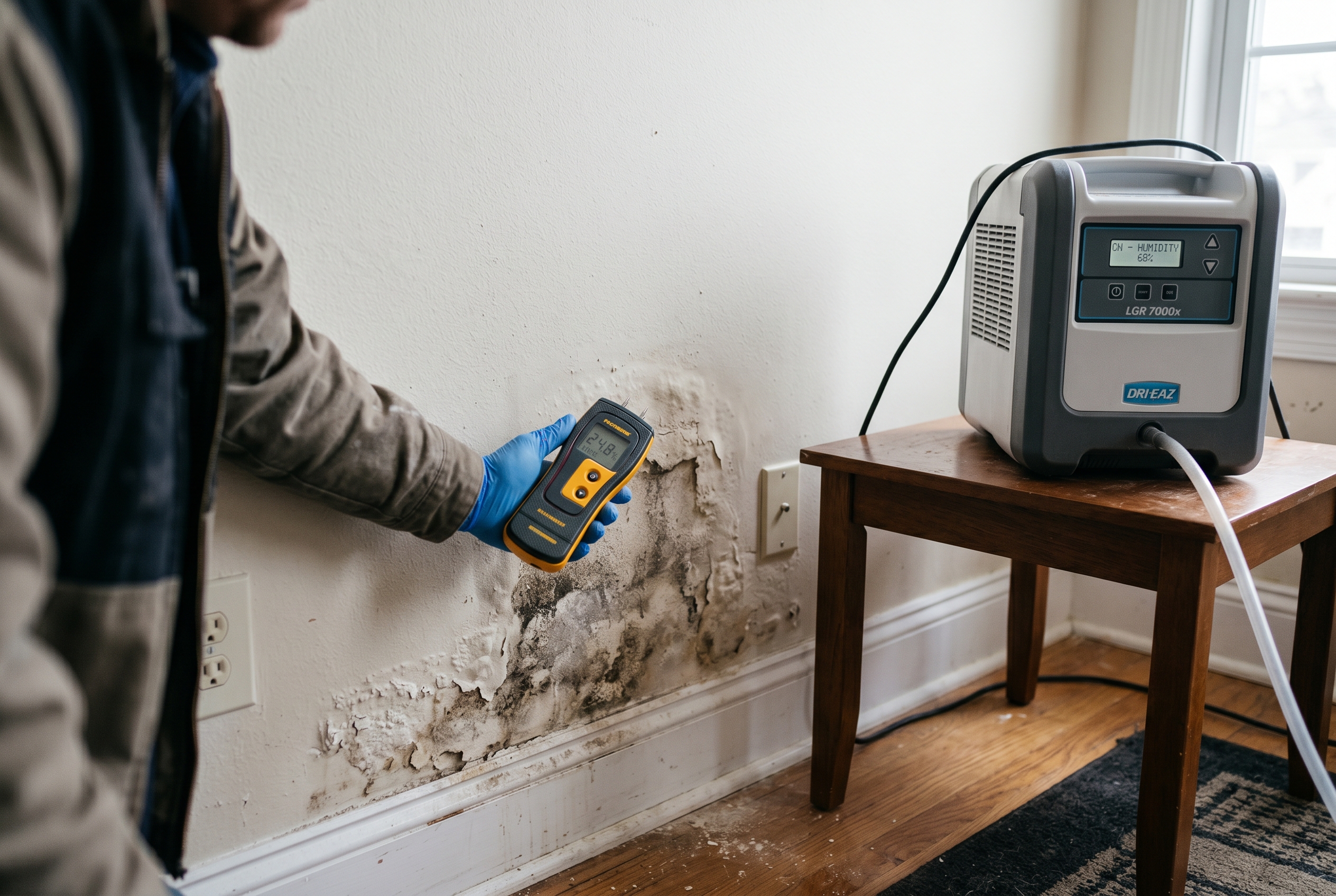 A dehumidifier and moisture meter on a table next to a wall with visible water staining