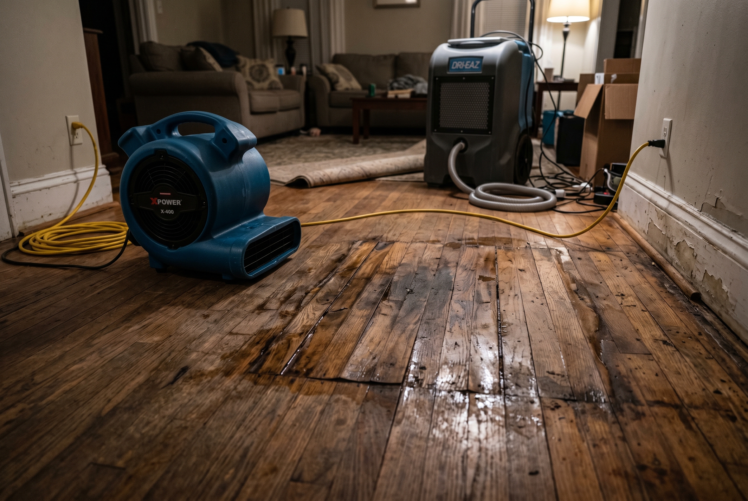 Water damage on a wooden floor with a nearby dehumidifier and fan set up for drying