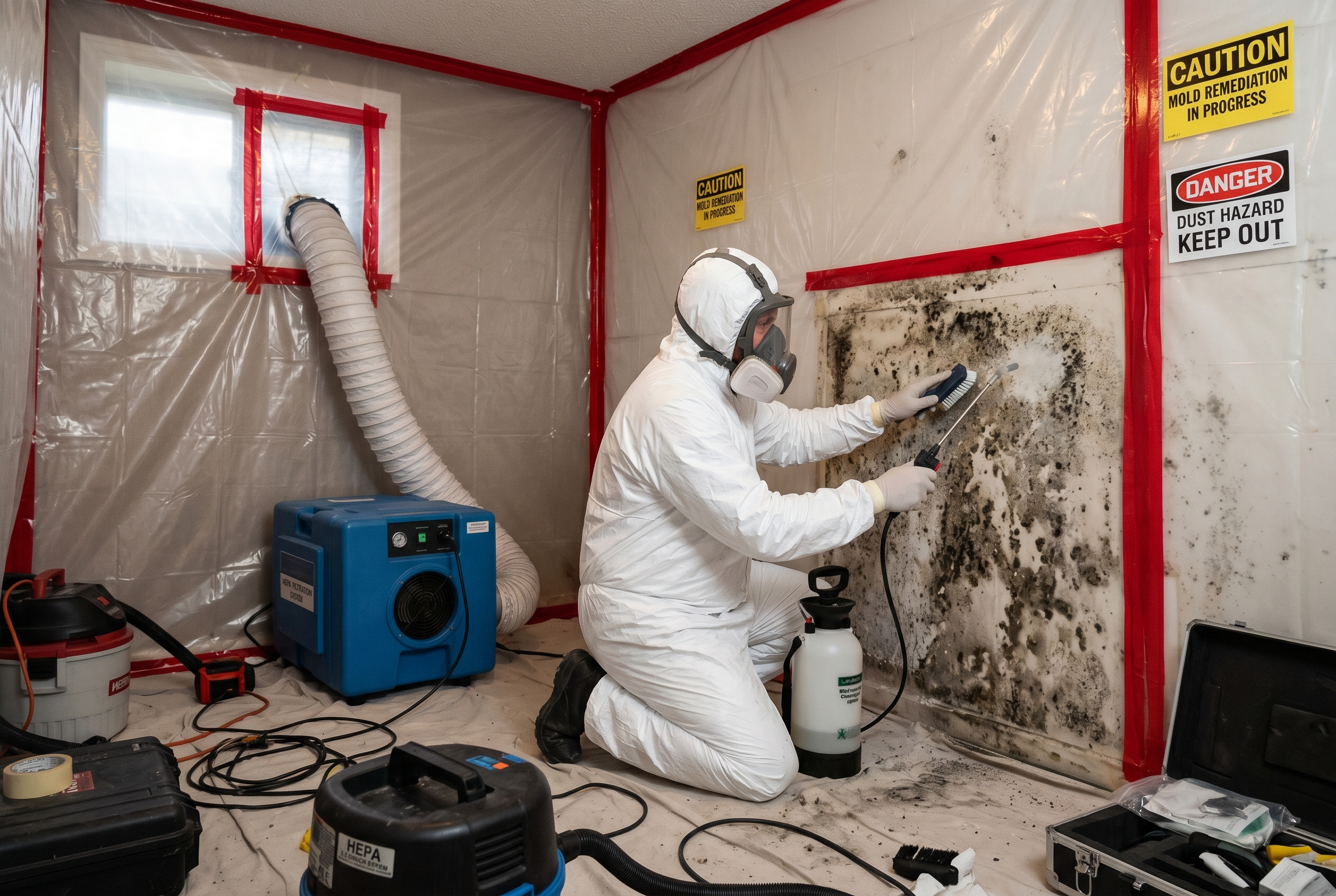 Professional mold remediation with containment and protective gear
