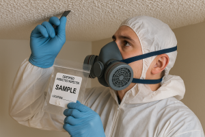 Technician collecting a small ceiling sample for asbestos testing.