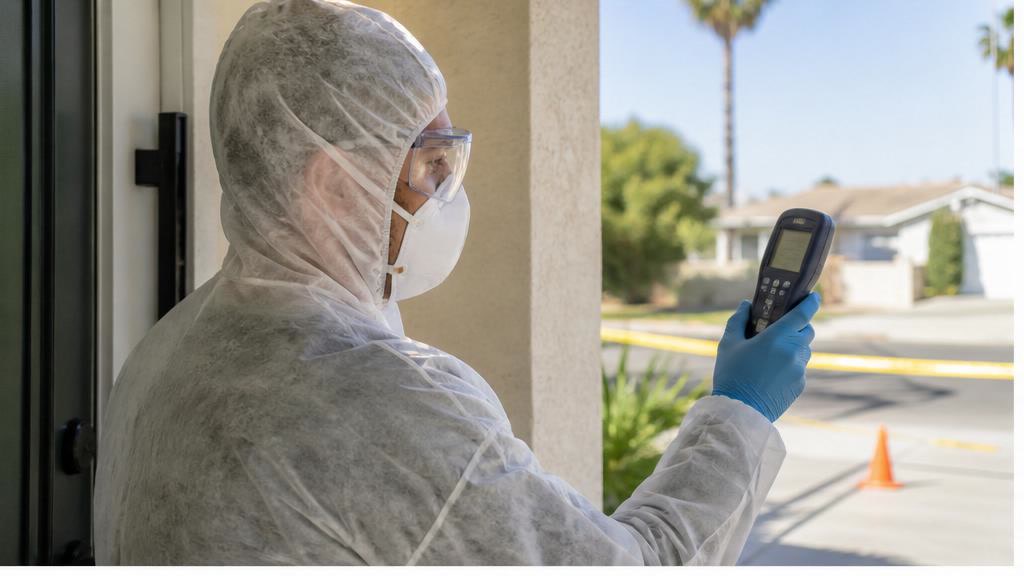 Environmental remediation technician checking indoor air quality near a Garden Grove property doorway after a chemical leak.