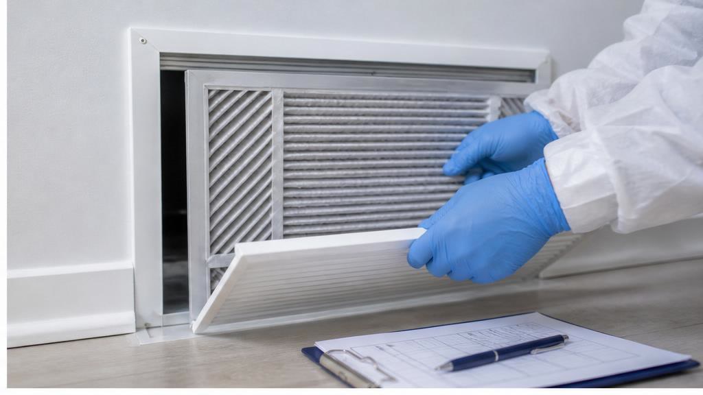 Gloved technician inspecting an HVAC return vent and filter after possible chemical vapor exposure.