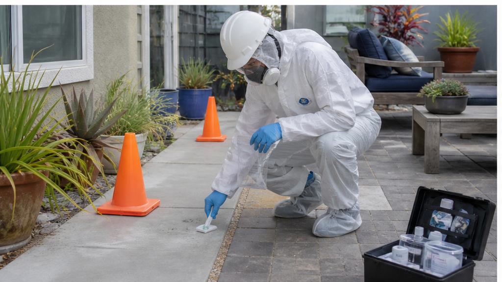 Hazmat cleanup technician checking patio and walkway surfaces for residue after a chemical incident.