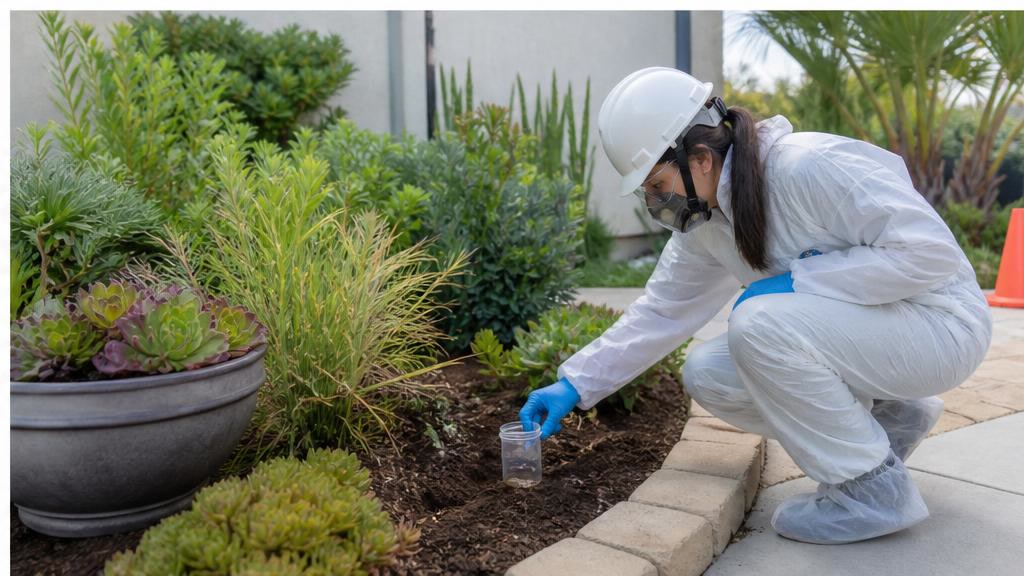 Environmental technician collecting a soil sample from a garden bed after potential chemical exposure.
