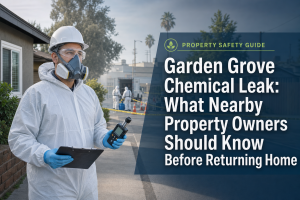 Featured image for Garden Grove chemical leak cleanup guide showing an environmental remediation technician near a suburban industrial area.