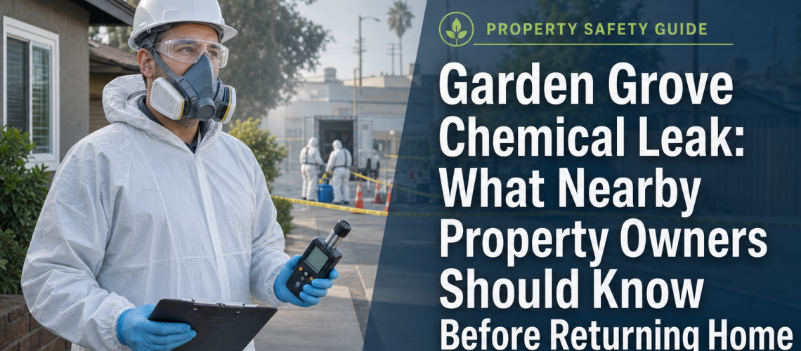 Featured image for Garden Grove chemical leak cleanup guide showing an environmental remediation technician near a suburban industrial area.