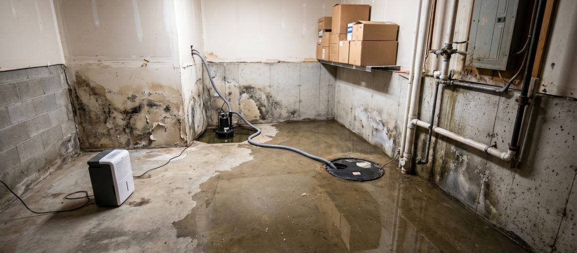 Wide view of a water-damaged basement with standing water, moisture damage on drywall, and a sump pump in operation.