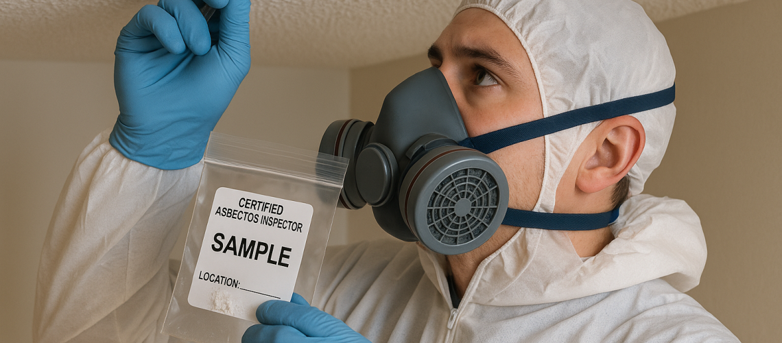 Technician collecting a small ceiling sample for asbestos testing.